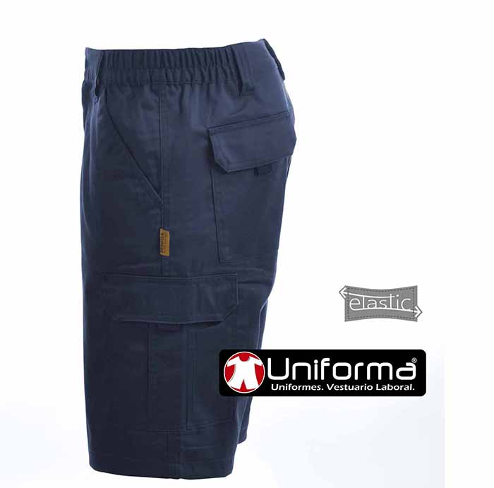 Pantalón corto de trabajo tipo bermudas en tejido elástico, con elastano, cómodas, de diseño multibolsillos con bolsillos de cargo, personalizables con logo de empresa en uniforma