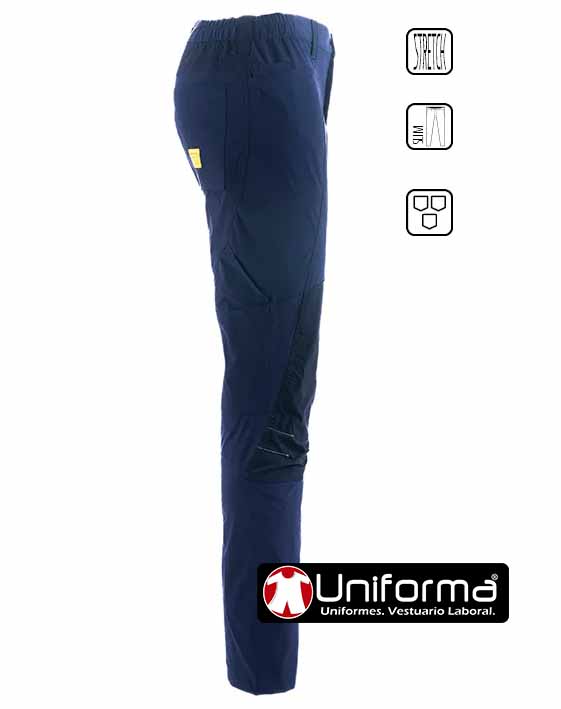 Pantalón bi elástico, en las dos direcciones, muy cómodo, de diseño bicolor multi bolsillos, tejido técnico de nylon con elastano, cómodo y resistente, personalizable con logo de empresa en Uniforma