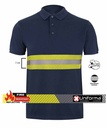 Polo Azul Marino de Algodón con Banda Reflectante Bicolor  y de alta visibilidad amarilla flúor, del tipo discontinua segmentada, resistente a la llama, personalizable con logo de empresa en Uniforma - UN230