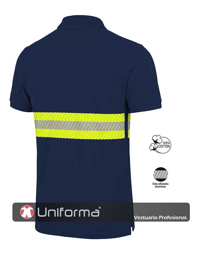 Polo Azul Marino de Algodón con Banda Reflectante Bicolor  y de alta visibilidad amarilla flúor, del tipo discontinua segmentada, resistente a la llama, personalizable con logo de empresa en Uniforma - UN230
