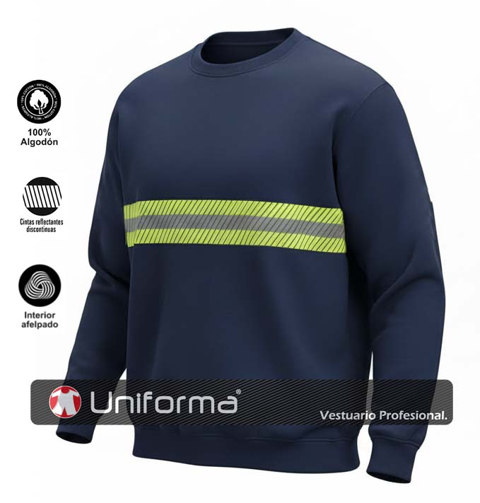 Sudadera de Algodón Azul Marino con Banda Reflectante Bicolor Gris reflectante y amarillo flúor de alta visibilidad, resistente a la llama, personalizable con logo de empresa en Uniforma- UN308