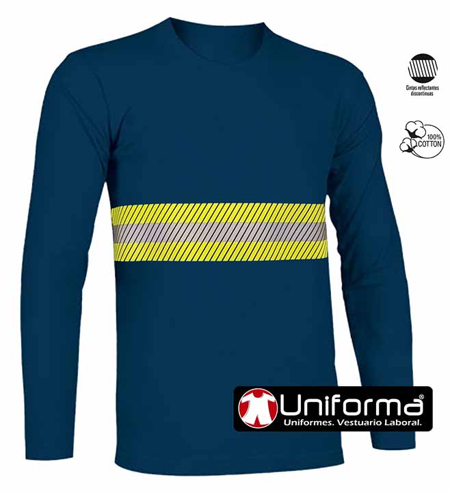 Camiseta Azul Marino de manga larga de algodón 100% con banda reflectante bicolor gris reflectante y amarillo flúor de alta visibilidad del tipo discontinua segmentada, personalizable con logo de empresa en Uniforma - UN304