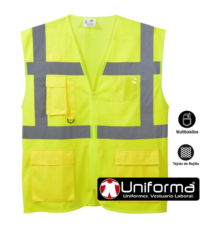 Chaleco amarillo reflectante de Alta Visibilidad con tejido de  Rejilla transpirable para ambientes calurosos, con Bolsillos y cierre de Cremallera - AN12024