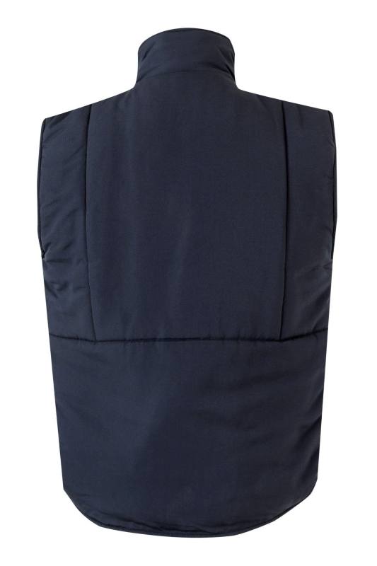 Chaleco de trabajo azul marino confeccionado en tejido de microfibra con forro de guata aislante contra el frío, personalizable con logo de empresa para una imagen profesional en Uniforma - V205901