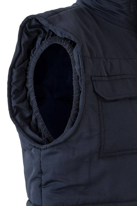 Chaleco de trabajo azul marino confeccionado en tejido de microfibra con forro de guata aislante contra el frío, personalizable con logo de empresa para una imagen profesional en Uniforma - V205901