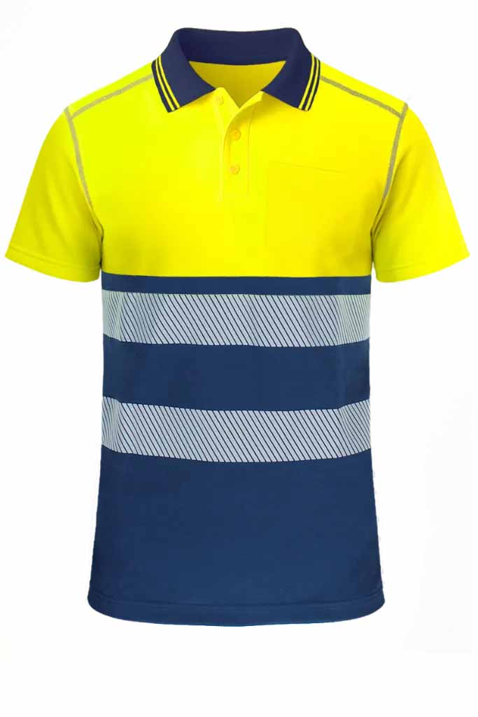 Polo de trabajo de reflectante amarillo de Alta Visibilidad combinado con azul con bandas reflectantes segmentadas, personalizable con logo de empresa para una imagen corporativa perfecta, en Uniforma - PR5535