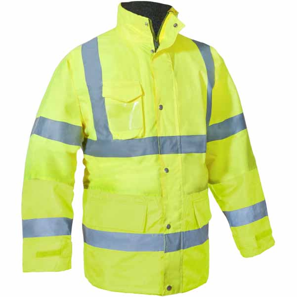 Parka de trabajo Acolchada Amarilla Flúor de Alta Visibilidad con bandas reflectantes homologada EN ISO 20471, personalizable con logo de empresa en Uniforma - PR2083