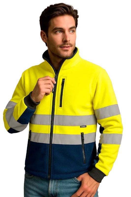 Chaqueta de trabajo en tejido Polar homologada para Alta Visibilidad EN ISO 20471 Clase 2, de diseño  bicolor, cremallera completa, puños elásticos para un cierre óptimo, personalizable con logo de empresa en Uniforma - PR5640