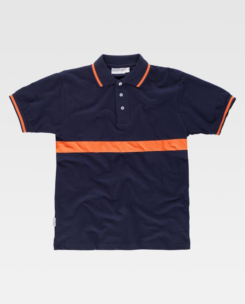 Polo de color Azul marino de manga corta con banda de color naranja, cuellos y bocamangas con color a contraste, tipo polo de bombero y protección civil, personalizable en uniforma   -TC3850