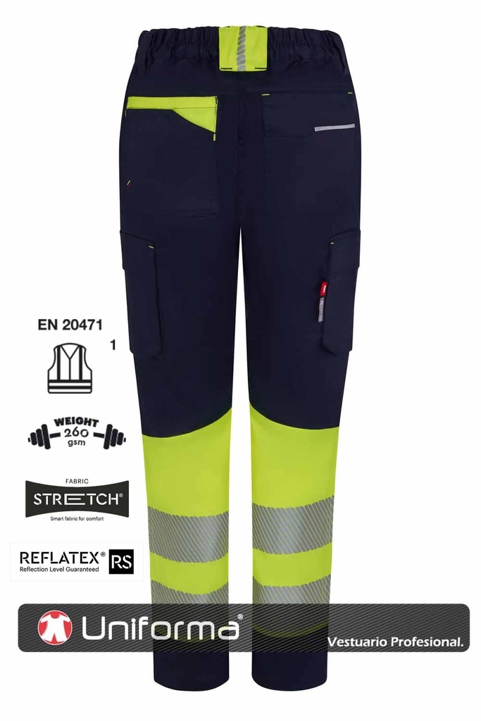 Pantalón de trabajo de alta visibilidad de mujer, bicolor, homologado EN ISO 20471 en clase 1, de tejido elástico y resistente de buena calidad, personalizable con logo de empresa en Uniforma  V303032SW
