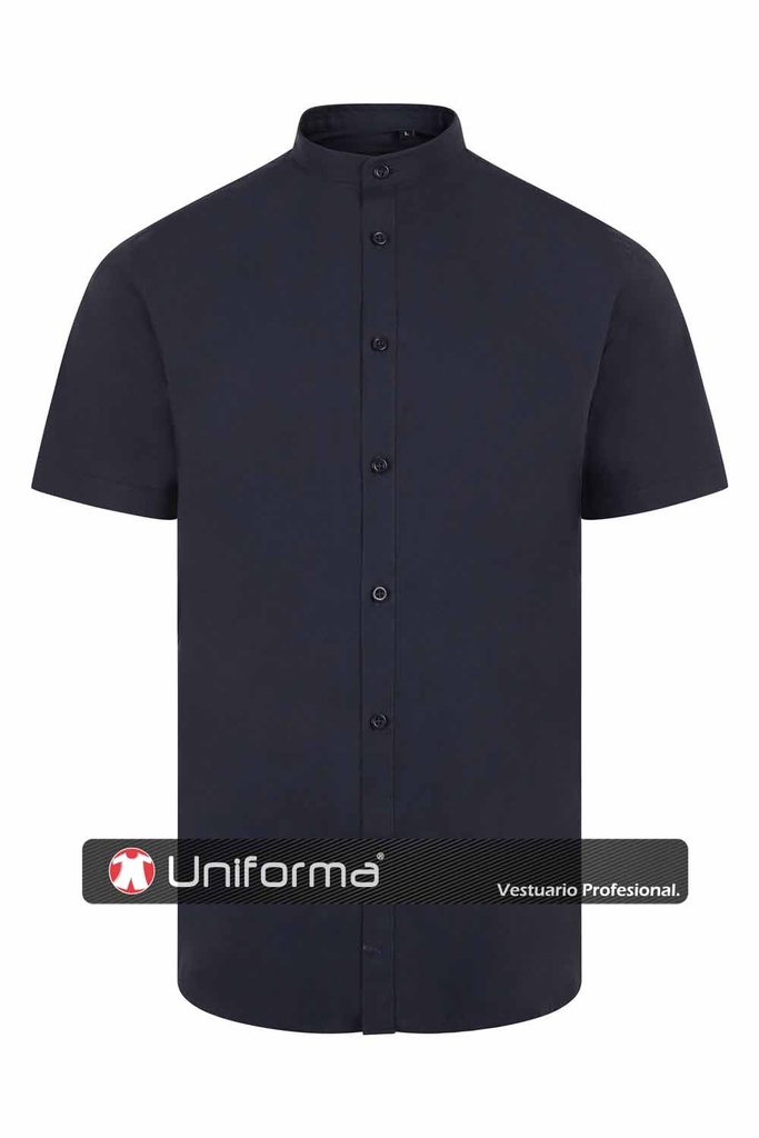 Camisa Azul Marino de Cuello Mao o cuello tirilla, en tejido elástico, de manga corta, personalizable con logo de empresa en Uniforma   V405012S