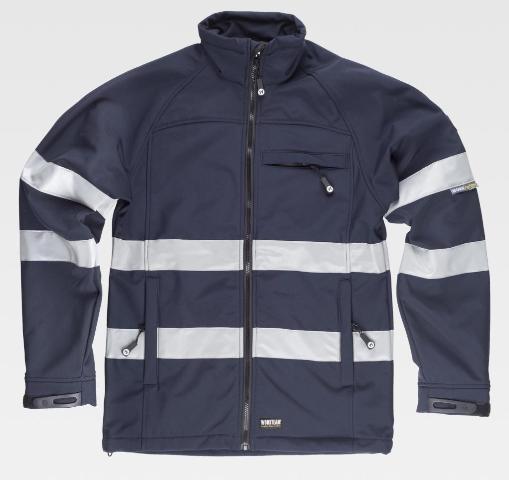 Chaqueta tipo Softshell con bandas Reflectantes en torso y mangas de color azul marino, corta vientos en impermeable, personalizable con logo de empresa en uniforma- TS9035