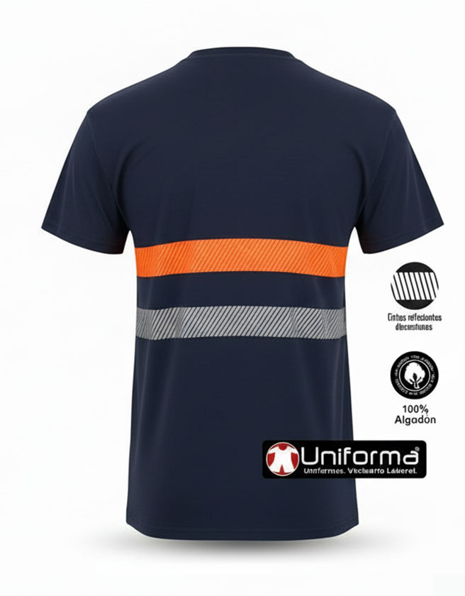 Camiseta Azul Marino de trabajo de Algodón 100% de manga corta con Bandas Reflectante y y banda Naranja flúor de alta visibilidad, personalizable con logo de empresa en Uniforma   - UN1006