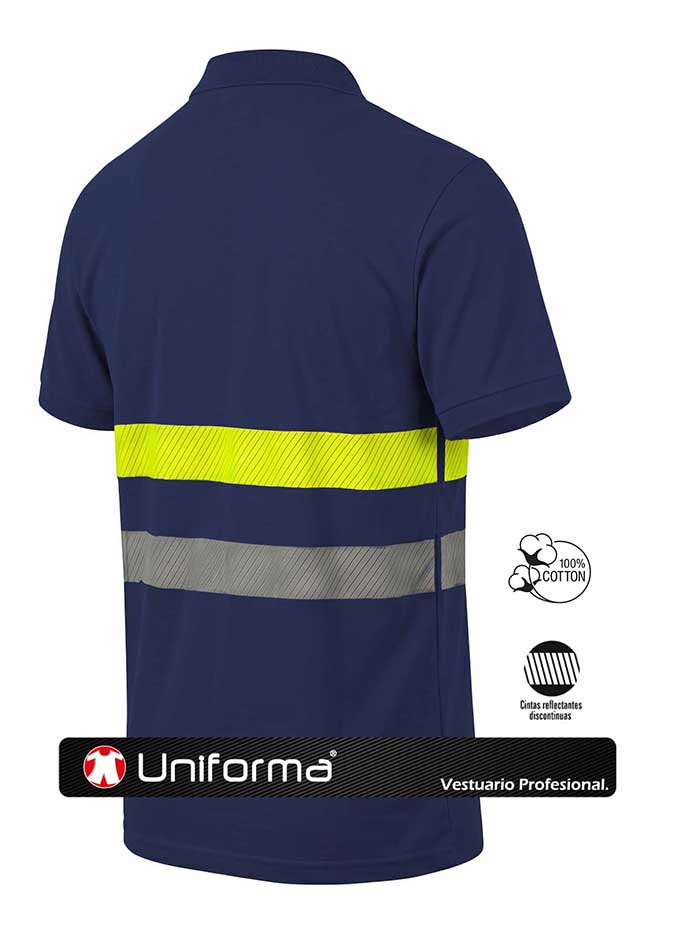 Polo de color Marino de Algodón 100% con Bandas Segmentadas Amarilla flúor  y Gris reflectante segmentada, de manga corta, personalizable con logo de empresa en Uniforma.  UN2230