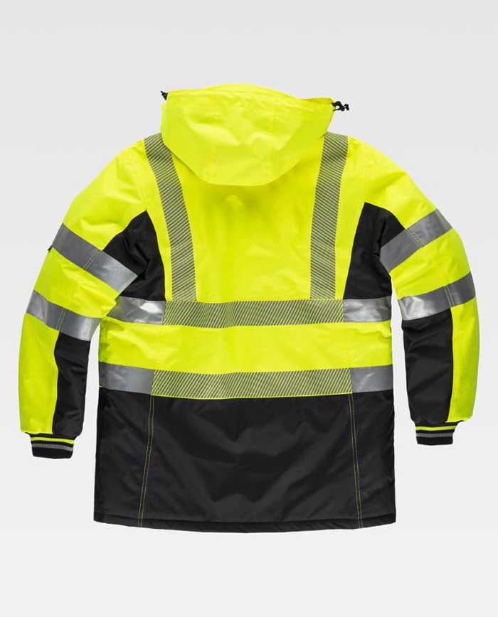 Chaquetón Parka de trabajo de color Amarilla y Negro, acolchada impermeable de alta visibilidad, reflectante, con capucha, homologada, personalizable con logo de empresa en uniforma - TC3515