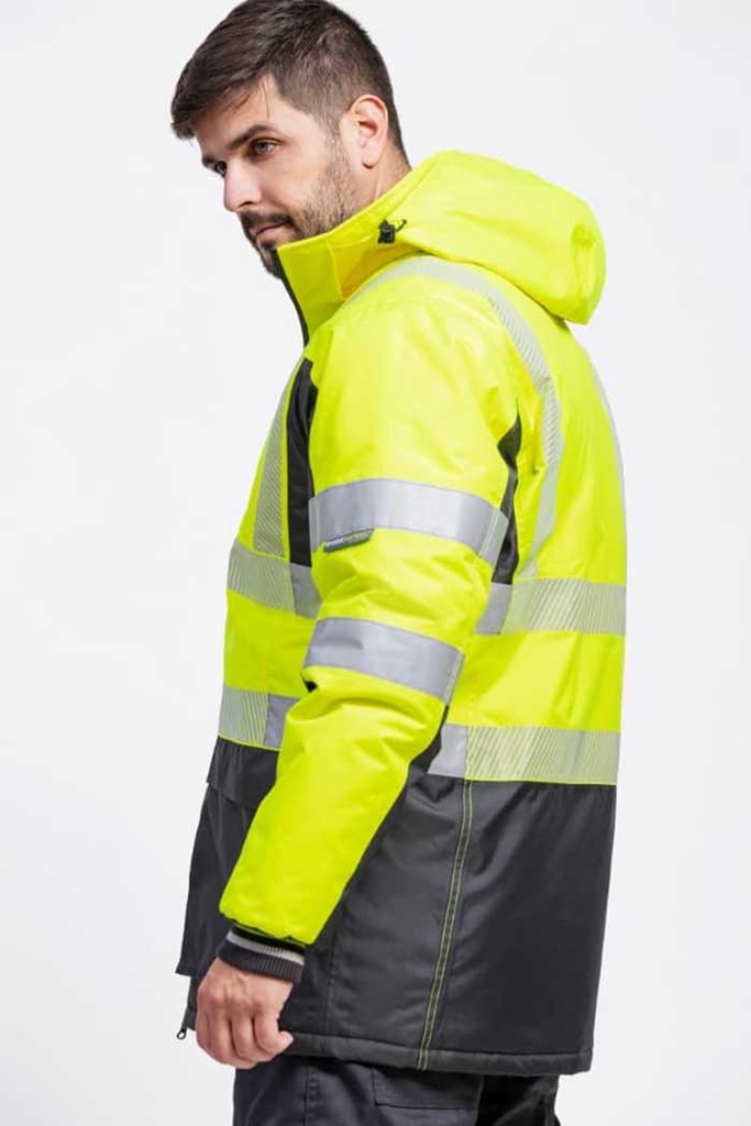 Chaquetón de trabajo negro y amarillo de alta visibilidad con capucha.  - TC3515
