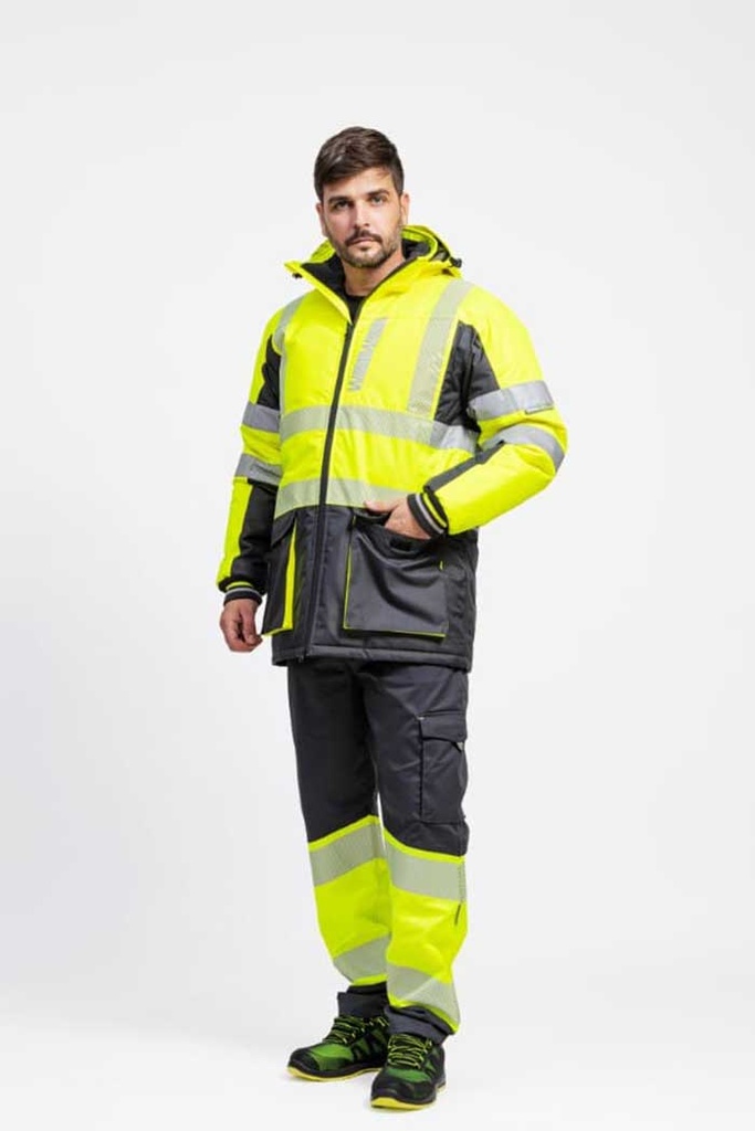 Chaqueta reflectante de alta visibilidad amarilla y negro, con capucha - TC3515