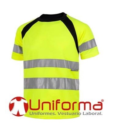 Camiseta Amarilla Flúor reflectante de alta visibilidad Clase 2 de diseño bicolor personalizable con logo de empresa en uniforma TC2941