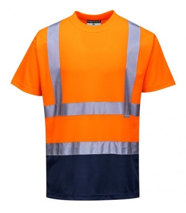 Camiseta de trabajo reflectante de alta visibilidad en tallas grandes hasta la 6XL homologada para EN ISO 20471 Clase 2, con bandas reflectantes horizontales y verticales, personalizable con logo de empresa en uniforma