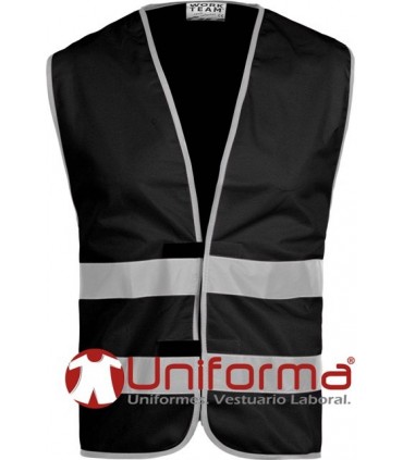 Chalecos de trabajo de color negro con Bandas Reflectantes de alta visibilidad, cierre central de velcro, modelo económico,  personalizable con logo de empresa en Uniforma