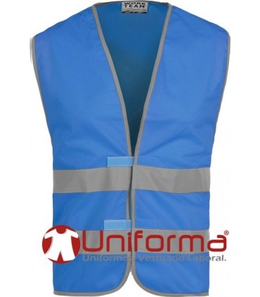 Chalecos de trabajo de color azul con Bandas Reflectantes de alta visibilidad, cierre central de velcro, modelo económico,  personalizable con logo de empresa en Uniforma.