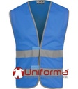 Chalecos de trabajo de color azul con Bandas Reflectantes de alta visibilidad, cierre central de velcro, modelo económico,  personalizable con logo de empresa en Uniforma.