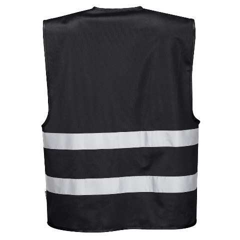 Chaleco de trabajo negro de lona de poliéster con cintas bandas reflectantes en torso, personalizable con logo de empresa en uniforma