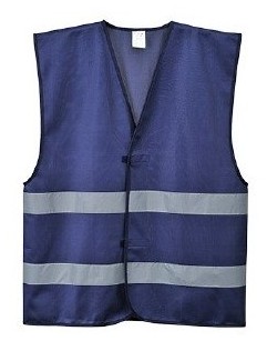 Chaleco de trabajo azul marino de lona de poliéster con cintas bandas reflectantes en torso, personalizable con logo de empresa en uniforma