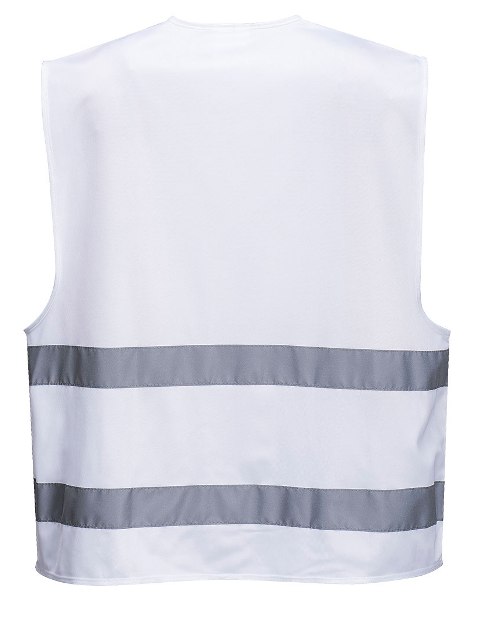 Chaleco de trabajo blanco de lona de poliéster con cintas bandas reflectantes en torso, personalizable con logo de empresa en uniforma