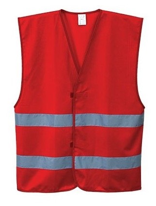 Chaleco de trabajo rojo de lona de poliéster con cintas bandas reflectantes en torso, personalizable con logo de empresa en uniforma