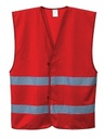 Chaleco de trabajo rojo de lona de poliéster con cintas bandas reflectantes en torso, personalizable con logo de empresa en uniforma