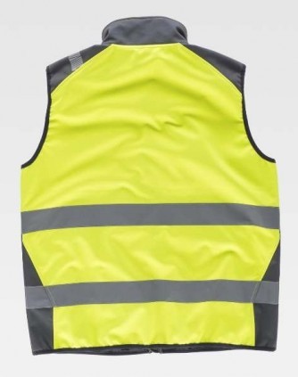 Chaleco Amarillo de trabajo tipo Softshell de Alta Visibilidad corta vientos con bandas reflectantes de alta visibilidad de diseño bicolor, con cierre de cremallera y personalizable con logo de empresa en uniforma - TS9231