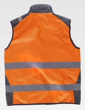 Chaleco naranja de trabajo tipo Softshell de Alta Visibilidad corta vientos con bandas reflectantes de alta visibilidad de diseño bicolor, con cierre de cremallera y personalizable con logo de empresa en uniforma - TS9231