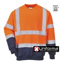Sudadera de trabajo naranja reflectante de alta visibilidad con bandas reflectantes verticales y horizontales Clase 3, de diseño bicolor de cuello redondo, personalizable con logo de empresa en Uniforma - PB306
