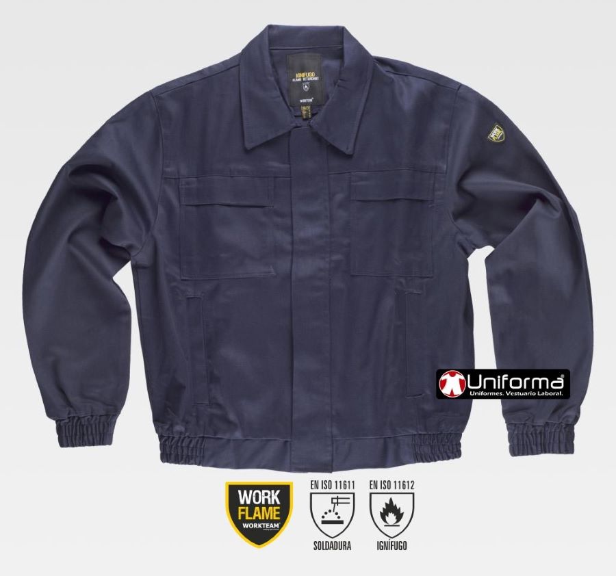 Cazadora de trabajo Ignífuga resistente a la llama y a la Soldadura de color azul marino, personalizable con logo de empresa en uniforma  - TB1190