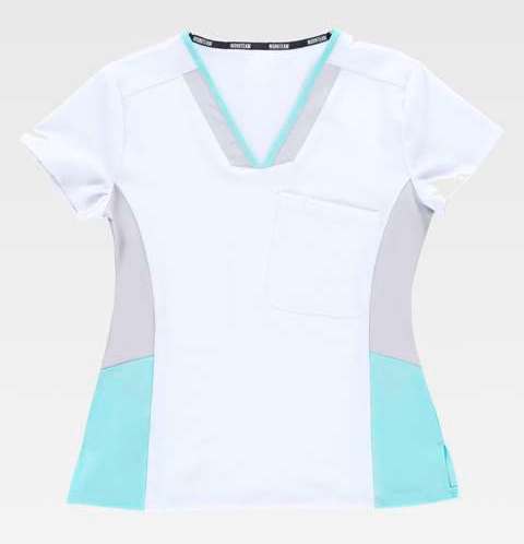 Casaca de trabajo cómoda elástica de diseño Bicolor Entallada Elástica para mujer, para uniformes de estética, clínica y farmacia, personalizable con logo de empresa en Uniforma  - TB6951