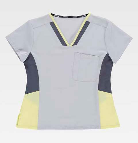 Casaca de trabajo cómoda elástica de diseño Bicolor Entallada Elástica para mujer, para uniformes de estética, clínica y farmacia, personalizable con logo de empresa en Uniforma  - TB6951