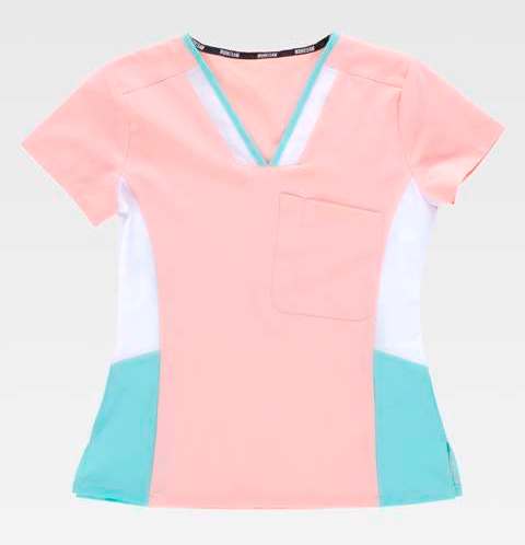 Casaca de trabajo cómoda elástica de diseño Bicolor Entallada Elástica para mujer, para uniformes de estética, clínica y farmacia, personalizable con logo de empresa en Uniforma  - TB6951