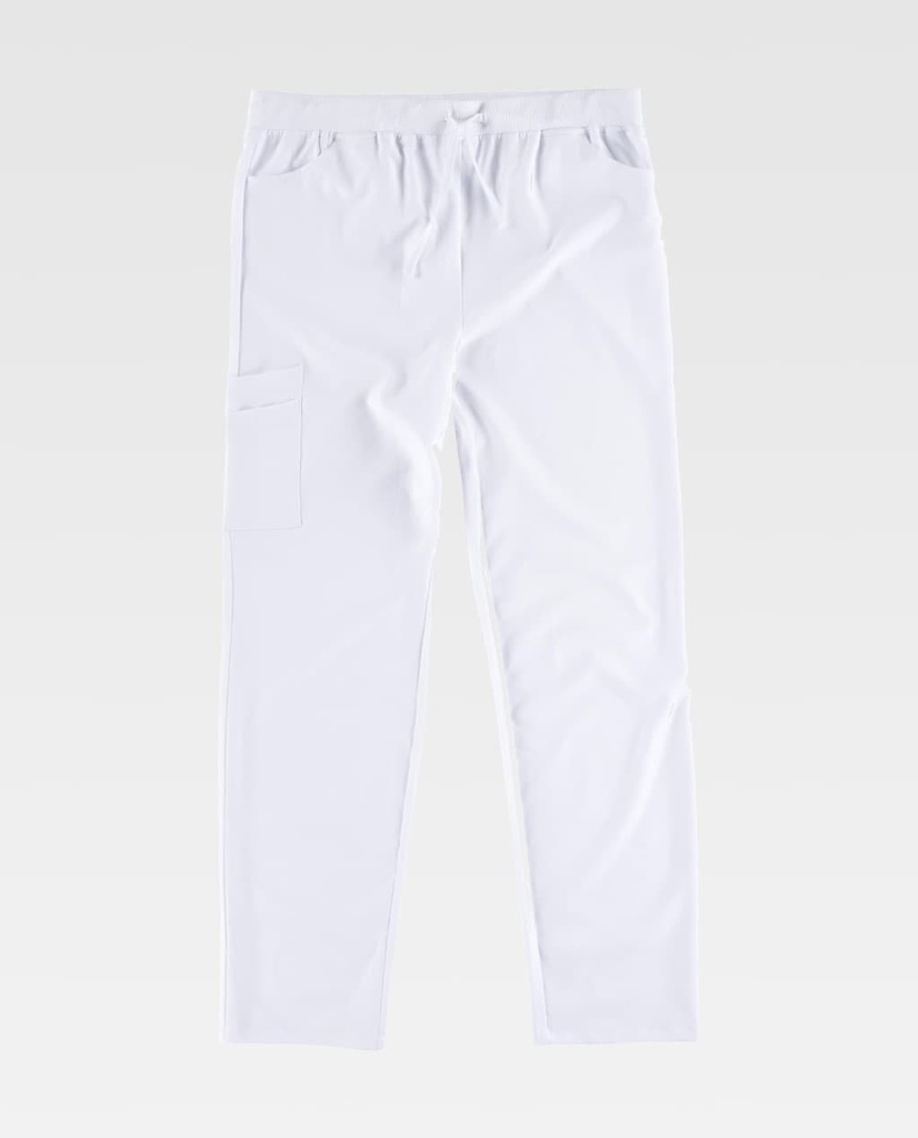 Pantalón de trabajo de color blanco cómodo elástico para el sector servicios, tipo pijama sanitario, para empresas de limpieza, sanitarias, enfermeras, dentistas, hoteles, con cintura de goma y tejido elástico, personalizable con logo de empresa en uniforma  - TB6920