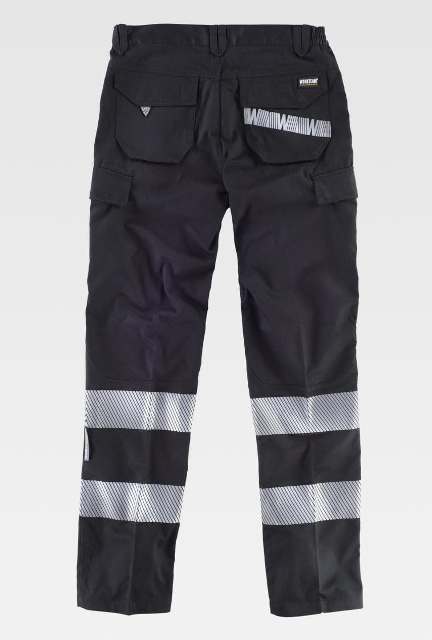 Pantalón de trabajo Negro con Bandas Reflectantes discontinuas de alta visibilidad personalizable con logo de empresa en uniforma - TC2717