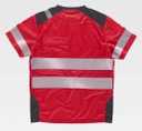 Camiseta de trabajo roja con bandas reflectantes segmentadas en tejido técnico micro perforado de diseño bicolor transpirable, personalizable con logo de empresa en uniforma  Técnica Roja Reflectante - TC9242