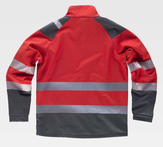 Chaqueta de trabajo tipo Softshell Roja con cintas reflectantes de alta visibilidad del tipo discontinuas personalizable con logo de empresa en uniforma  - TS9202