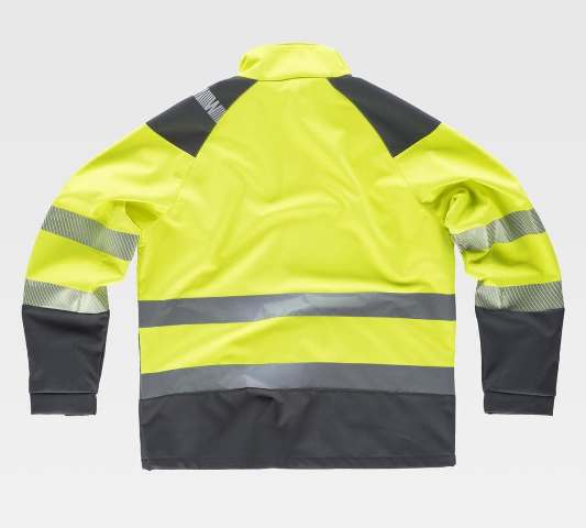 Chaqueta de trabajo tipo Softshell de alta visibilidad Amarillo flúor Reflectante con bandas de alta visibilidad, de diseño bicolor contra el Mal Tiempo, personalizable con logo de empresa en uniforma  - TS9201