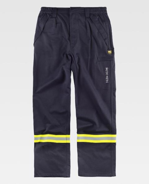 Pantalón de trabajo Ignífugo resistente a la llama azul marino con bandas reflectantes ignífugas bicolor del tipo noche y día, para soldadores, resistente a la soldadura, contra el arco eléctrico y anti estático, personalizable con logo de empresa en uniforma  - TB1498