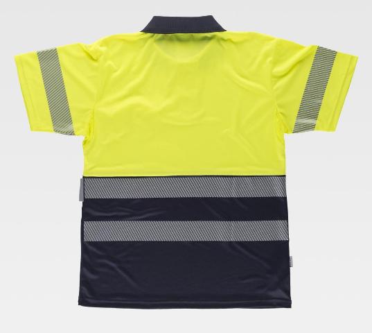 Polo de trabajo reflectante de Alta Visibilidad con Bandas Discontinuas, con cintas reflectantes en torso y mangas, personalizable con logo de empresa en uniforma, de color amarillo flúor y marino - TC3890