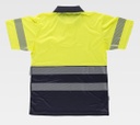 Polo de trabajo reflectante de Alta Visibilidad con Bandas Discontinuas, con cintas reflectantes en torso y mangas, personalizable con logo de empresa en uniforma, de color amarillo flúor y marino - TC3890