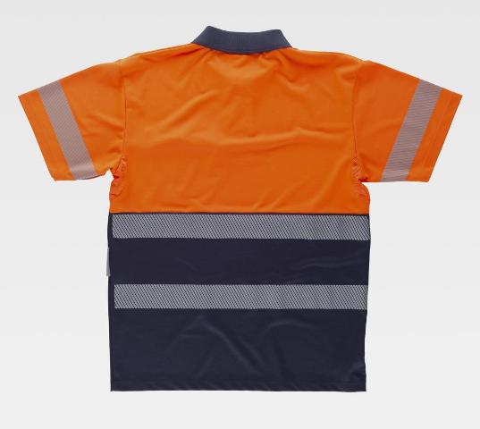 Polo de trabajo reflectante de Alta Visibilidad con Bandas Discontinuas, con cintas reflectantes en torso y mangas, personalizable con logo de empresa en uniforma, de color naranja flúor y marino - TC3890