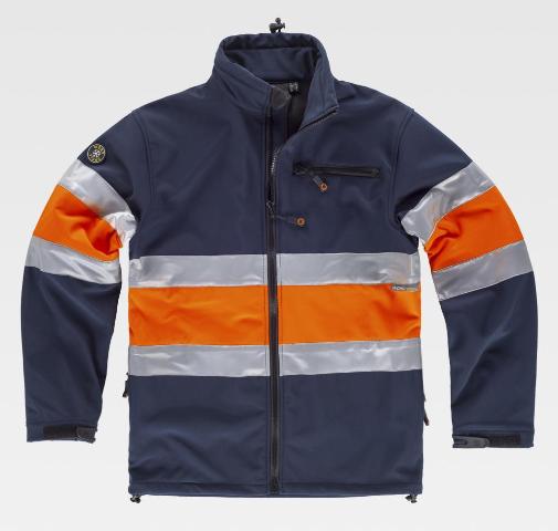 Chaqueta de trabajo tipo Softshell de triple capa de color azul marino con Alta visibilidad y bandas reflectantes, personalizable con logo de empresa en Uniforma - TS9520
