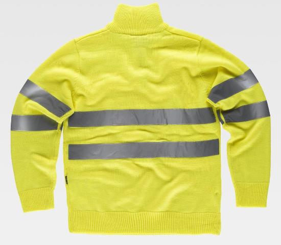 Jersey de trabajo amarillo reflectante de alta visibilidad de punto, con cuello alto y bandas reflectantes en torso y mangas, personalizable con logo de empresa en Uniforma TC5508