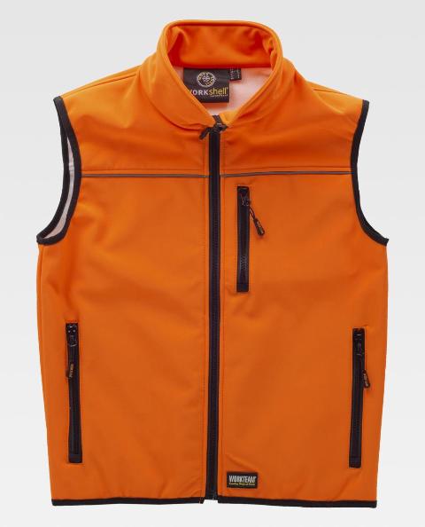 Chaleco de trabajo naranja en tejido de Neopreno Softshell de Alta visibilidad corta vientos, con cierre de cremallera central, personalizable con logo de empresa en uniforma - TS9320